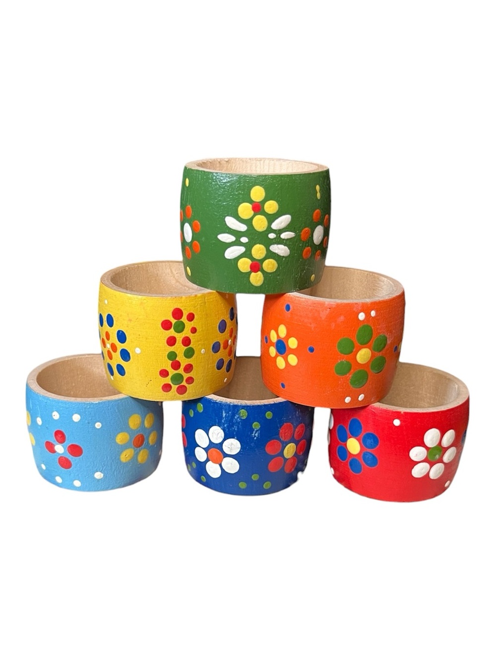 Hand-Painted Wooden Napkin Rings - Multicolor Floral Set